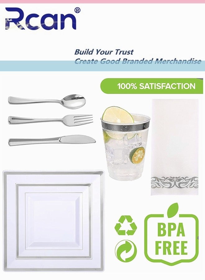 Rcan 175 قطعة/مجموعة فضية راقية لحفلات الزفاف وتناول الطعام مجموعة أدوات مائدة بلاستيكية للاستعمال مرة واحدة، لوازم الحفلات طبق مربع وملعقة وشوكة وسكين وكوب ومناديل وأدوات مائدة للحفلات (25 ضيفًا) - Image 4