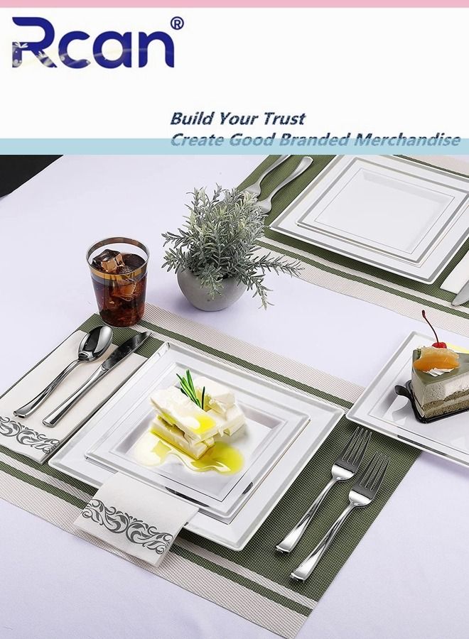 Rcan 175 قطعة/مجموعة فضية راقية لحفلات الزفاف وتناول الطعام مجموعة أدوات مائدة بلاستيكية للاستعمال مرة واحدة، لوازم الحفلات طبق مربع وملعقة وشوكة وسكين وكوب ومناديل وأدوات مائدة للحفلات (25 ضيفًا) - Image 2