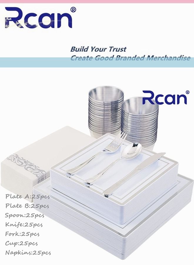 Rcan 175 قطعة/مجموعة فضية راقية لحفلات الزفاف وتناول الطعام مجموعة أدوات مائدة بلاستيكية للاستعمال مرة واحدة، لوازم الحفلات طبق مربع وملعقة وشوكة وسكين وكوب ومناديل وأدوات مائدة للحفلات (25 ضيفًا) - Image 1