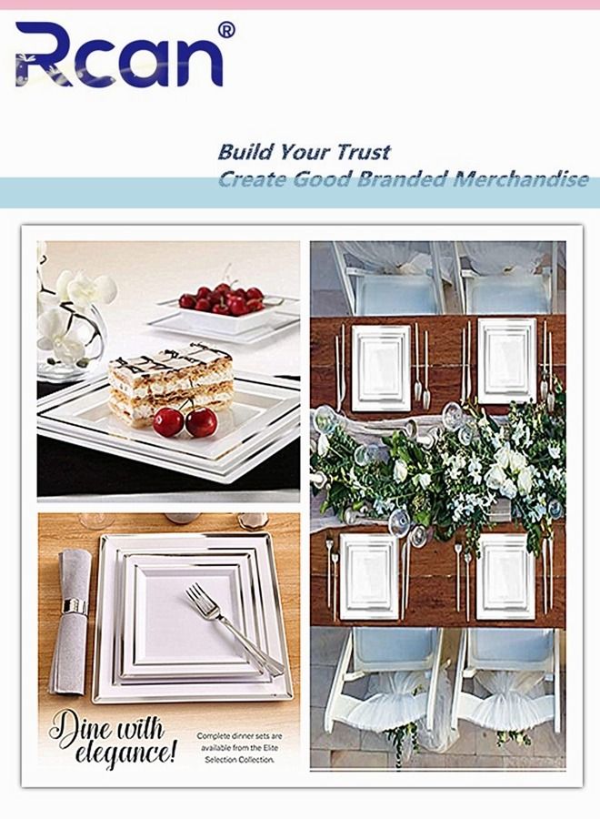 Rcan 175 قطعة/مجموعة فضية راقية لحفلات الزفاف وتناول الطعام مجموعة أدوات مائدة بلاستيكية للاستعمال مرة واحدة، لوازم الحفلات طبق مربع وملعقة وشوكة وسكين وكوب ومناديل وأدوات مائدة للحفلات (25 ضيفًا) - Image 5