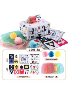 Generic Hot Sale Baby Tissue Box With Pompom Puzzle Baby Cloth Book With Ringing Paper Hand Tear Baby Toys-Color:NO.1906-8A Tissue Box (3 Ringing Paper Square Scarves +8 Silk Scarves +3 Pompom) 79.8g  - Image 1