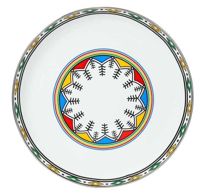 السيف صحن غضار كبير للتقديم، 32 سم، تصميم تراثي مزخرف، متين وخفيف – أبيض بنقوش ملونة - Image 1