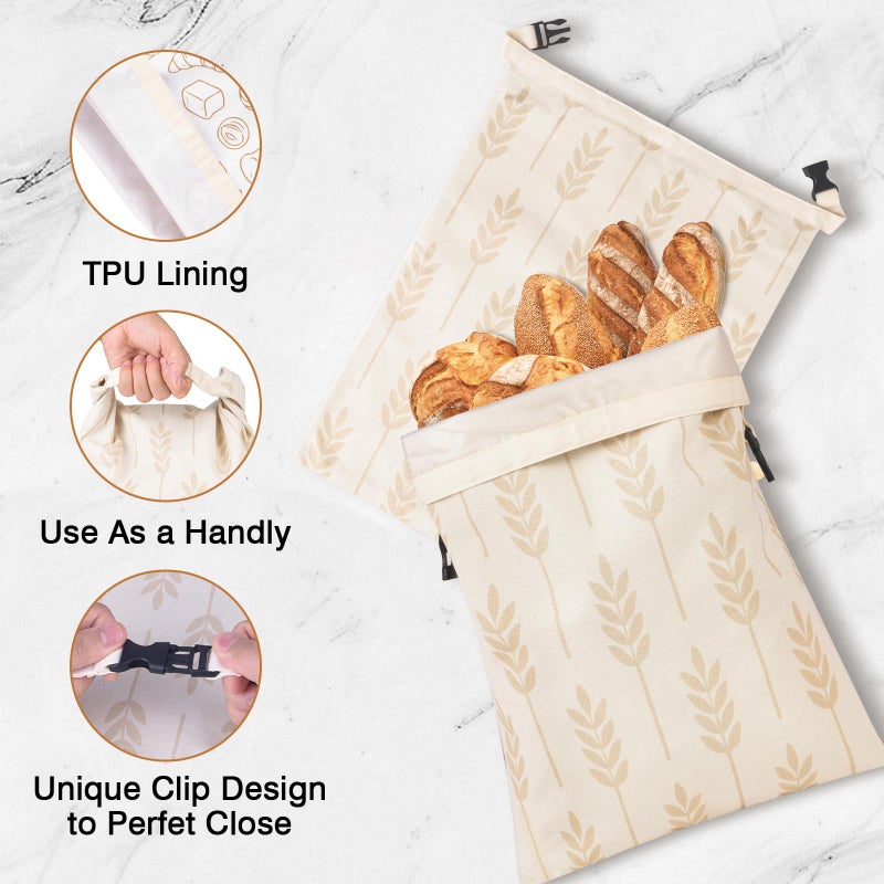 LAKE OF FIRE 16.9"x12.6" Reusable Bread Storage Bags for Homemade Bread with Reusable 2 Bowl Covers,Large Sourdough Bread Bags Storage Box Food Cloth Bag(Beige + Wheat) - Image 4