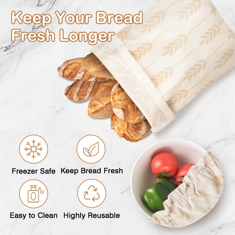 LAKE OF FIRE 16.9"x12.6" Reusable Bread Storage Bags for Homemade Bread with Reusable 2 Bowl Covers,Large Sourdough Bread Bags Storage Box Food Cloth Bag(Beige + Wheat) - Image 3