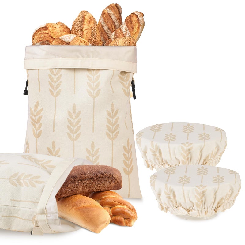LAKE OF FIRE 16.9"x12.6" Reusable Bread Storage Bags for Homemade Bread with Reusable 2 Bowl Covers,Large Sourdough Bread Bags Storage Box Food Cloth Bag(Beige + Wheat) - Image 1