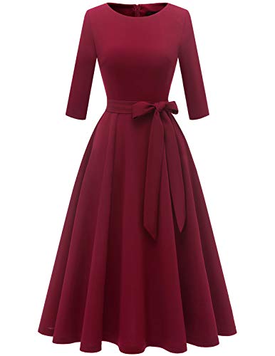 DRESSTELLS Vintage Formal Dress for Women, Wedding Guest Dresses Knee Length, 3/4 Sleeve Fit and Flare, Cocktail Party Prom Homecoming, 2025 Fall, Burgundy M - Image 1