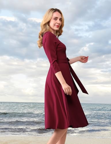 DRESSTELLS Vintage Formal Dress for Women, Wedding Guest Dresses Knee Length, 3/4 Sleeve Fit and Flare, Cocktail Party Prom Homecoming, 2025 Fall, Burgundy M - Image 3