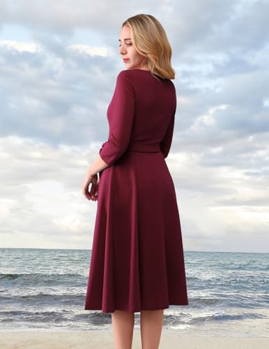 DRESSTELLS Vintage Formal Dress for Women, Wedding Guest Dresses Knee Length, 3/4 Sleeve Fit and Flare, Cocktail Party Prom Homecoming, 2025 Fall, Burgundy M - Image 4