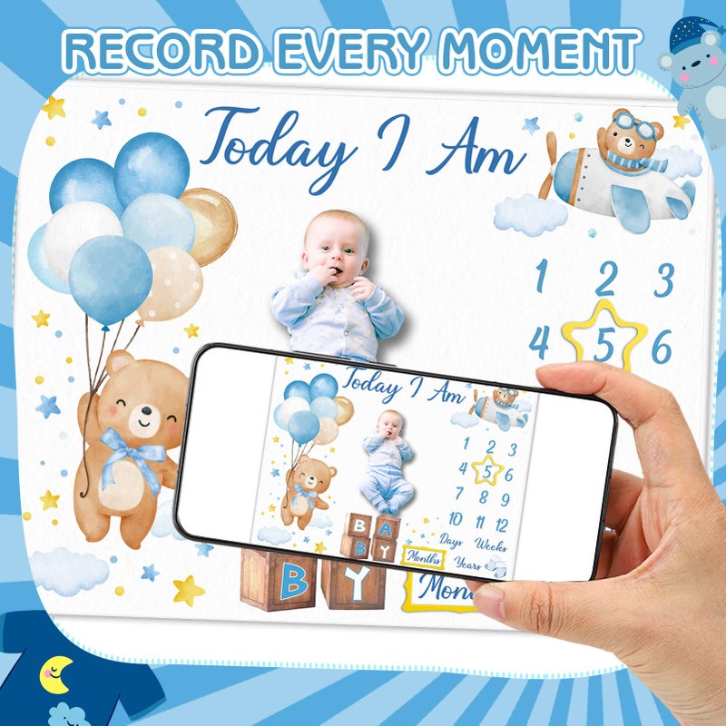 Guiqulai Bear Baby Monthly Milestone Blanket Bear Star Balloon Flannel Blanket Newborn Infant Swaddle Baby Growth Blanket Photography Background with Wooden Signs,Frames,Bibs - Image 5