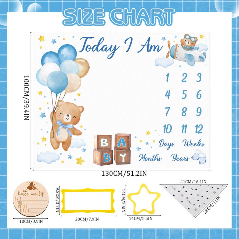 Guiqulai Bear Baby Monthly Milestone Blanket Bear Star Balloon Flannel Blanket Newborn Infant Swaddle Baby Growth Blanket Photography Background with Wooden Signs,Frames,Bibs - Image 2