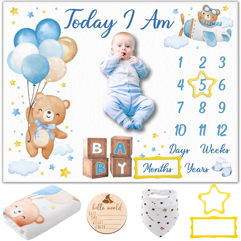 Guiqulai Bear Baby Monthly Milestone Blanket Bear Star Balloon Flannel Blanket Newborn Infant Swaddle Baby Growth Blanket Photography Background with Wooden Signs,Frames,Bibs - Image 1