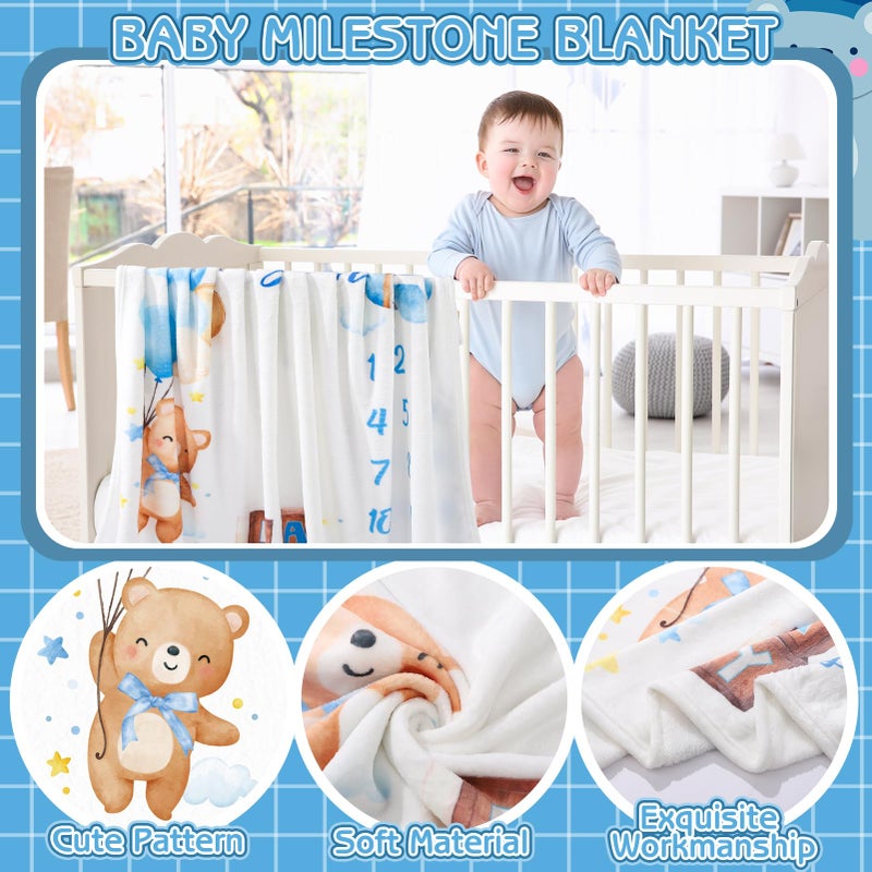 Guiqulai Bear Baby Monthly Milestone Blanket Bear Star Balloon Flannel Blanket Newborn Infant Swaddle Baby Growth Blanket Photography Background with Wooden Signs,Frames,Bibs - Image 3