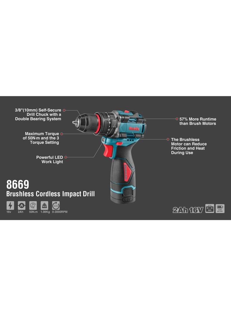RONIX 16V Brushless Impact Drill 50Nm, 2000RPM Dual-Speed 2Ahx2 Batteries, German Engineering #Ronix 8669 - Image 2