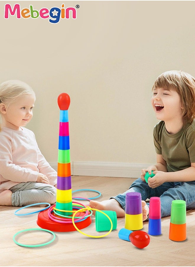 Ring Toss Game Set with 8 Rings, Stacking Cups Toy, Baby Educational Toys, Easy to Assemble and Disassemble, Great for Parties, Physical Activities, Family Game and Team Games
