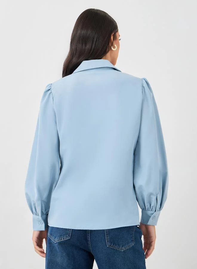 Styli Styli Solid Balloon Sleeve Front Tie-Up Detail Shirt