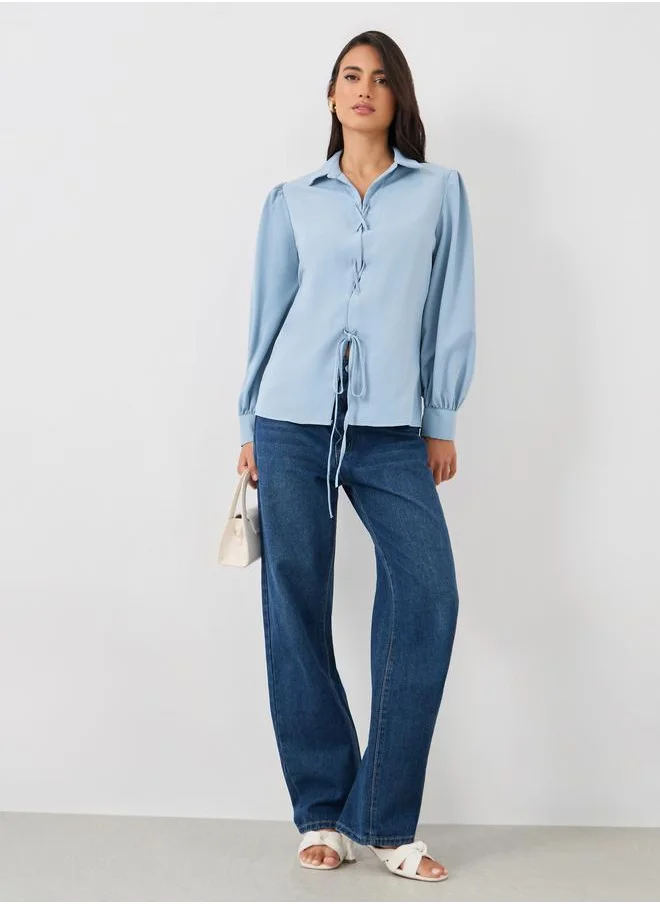 Styli Styli Solid Balloon Sleeve Front Tie-Up Detail Shirt
