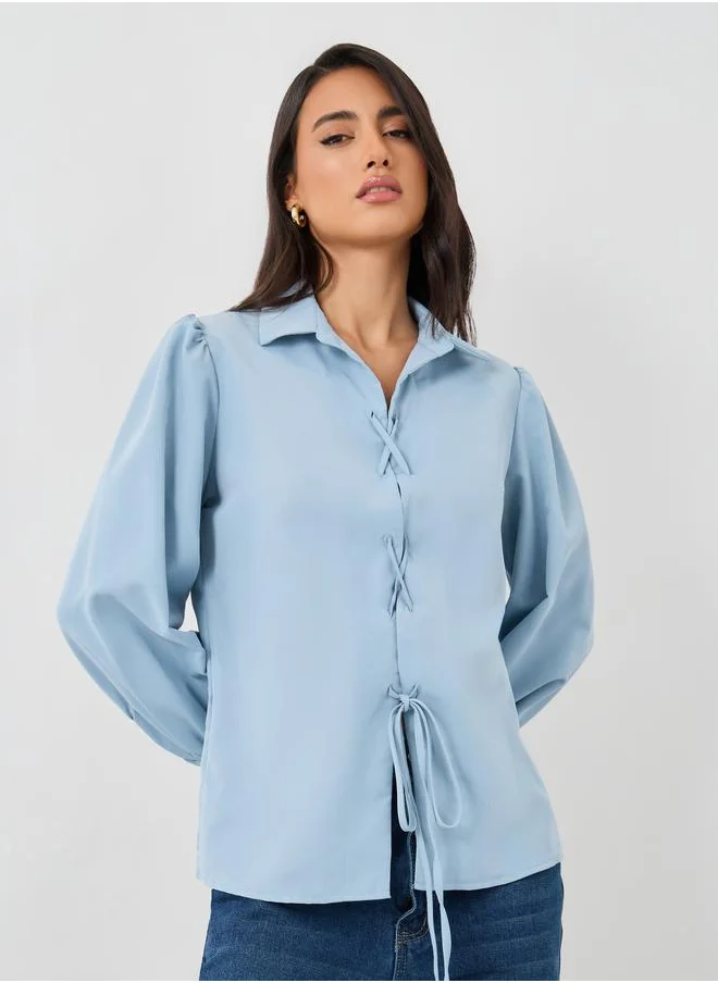 Styli Styli Solid Balloon Sleeve Front Tie-Up Detail Shirt