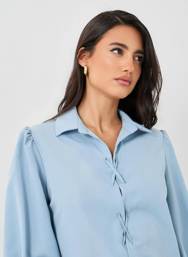 Styli Styli Solid Balloon Sleeve Front Tie-Up Detail Shirt