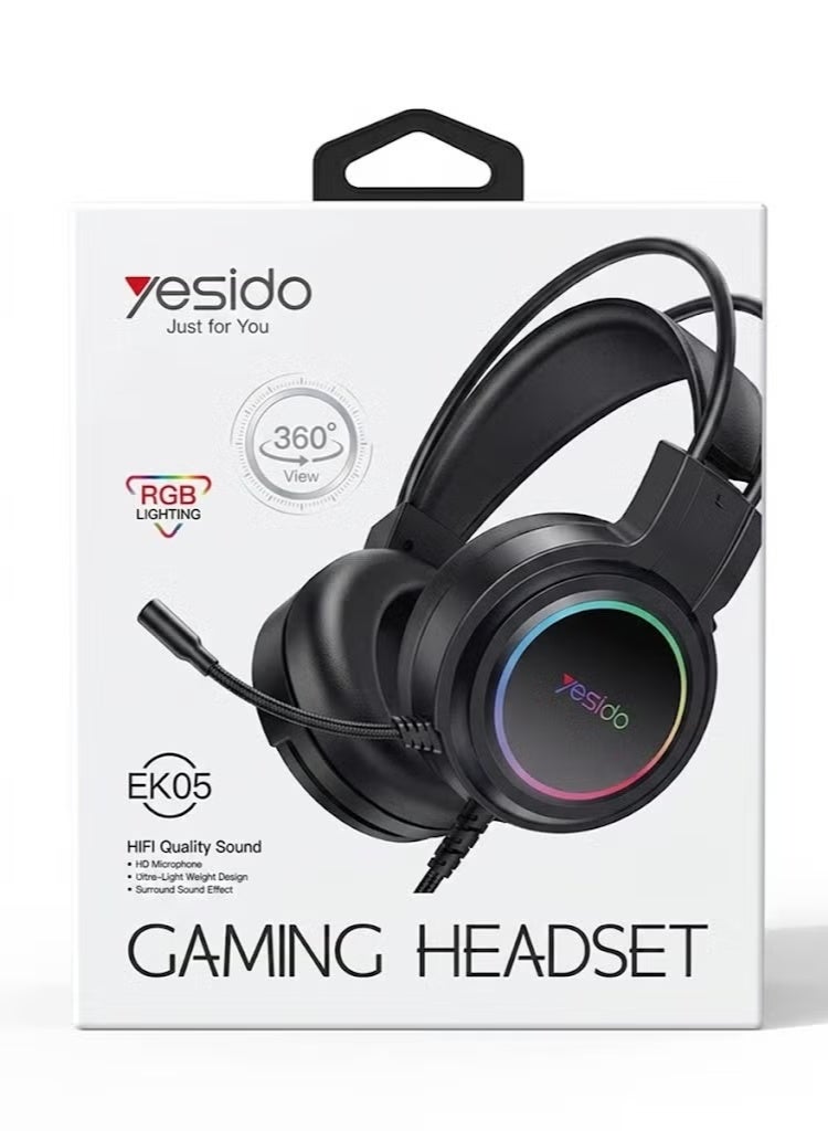 Yesido EK05 Wired RGB Gaming Headset with Noise Reducing Microphone, RGB Lighting, Stereo Surround Sound, Comfortable Over Ear Headphones with 3.5mm Jack for PC, Laptop, Gaming Console & Multimedia - Image 1