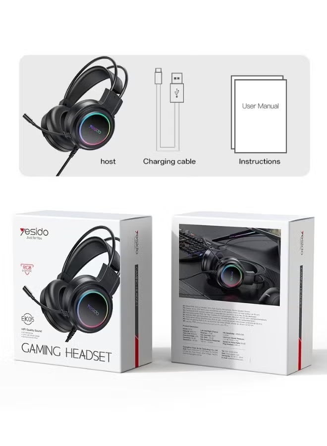 Yesido EK05 Wired RGB Gaming Headset with Noise Reducing Microphone, RGB Lighting, Stereo Surround Sound, Comfortable Over Ear Headphones with 3.5mm Jack for PC, Laptop, Gaming Console & Multimedia - Image 2