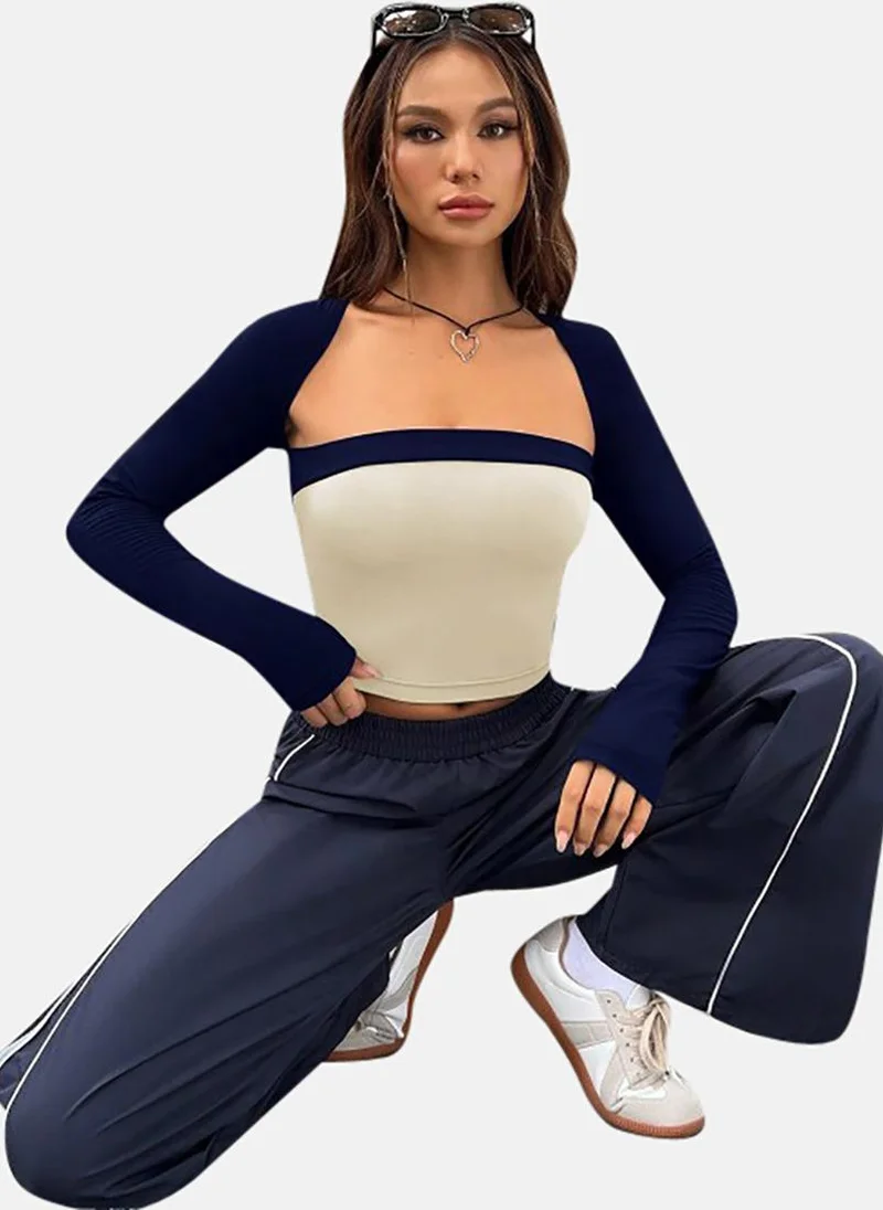 يونيكي White Colour Blocked Slim Fit Long Sleeve Top