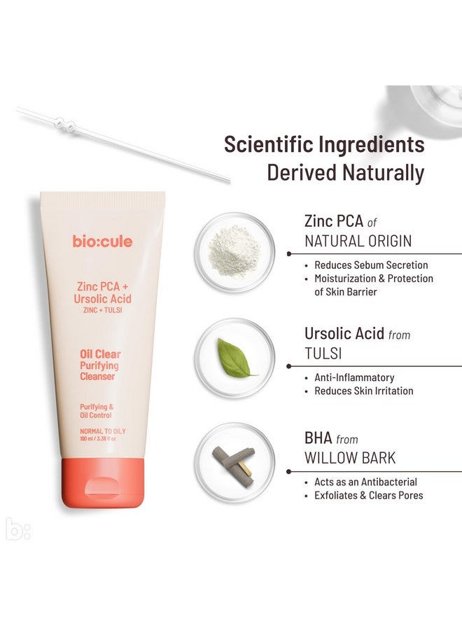 Biocule biocule Oil Clear Purifying Cleanser for Oil Control, Open Pores Minimization & Soothing, AHA BHA Face Wash with Zinc PCA & Ursolic Acid from Tulsi for Oily Skin & Combination Skin, 100ml  - Image 3
