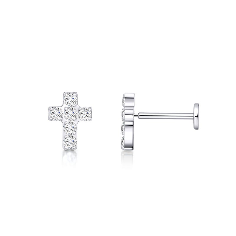 Limerencia G23 Hypoallergenic 18g Flat Back Stud Earrings | F136 Implant Grade Titanium Press Fit Threadless Push Pop in Cartilage Helix Labret Lip Monroe Tragus Piercing Studs (Cross CZ Silver) - Image 1