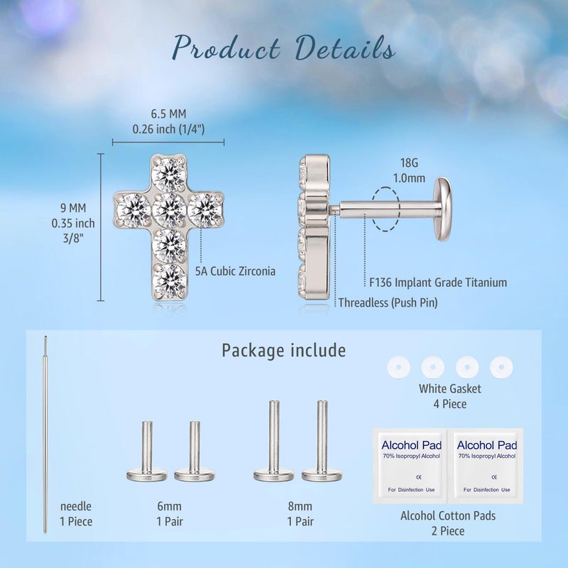 Limerencia G23 Hypoallergenic 18g Flat Back Stud Earrings | F136 Implant Grade Titanium Press Fit Threadless Push Pop in Cartilage Helix Labret Lip Monroe Tragus Piercing Studs (Cross CZ Silver) - Image 5