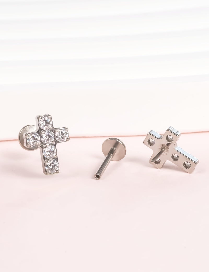 Limerencia G23 Hypoallergenic 18g Flat Back Stud Earrings | F136 Implant Grade Titanium Press Fit Threadless Push Pop in Cartilage Helix Labret Lip Monroe Tragus Piercing Studs (Cross CZ Silver) - Image 3