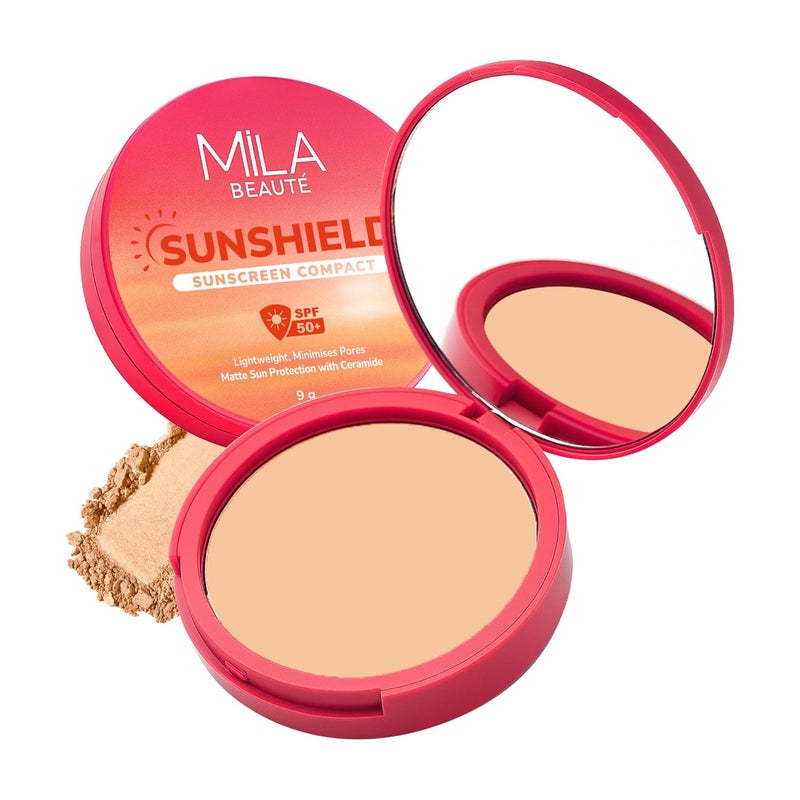 Mila Beaute واقي شمس مضغوط للنساء | SPF 50 PA+++ حماية من الأشعة فوق البنفسجية | خالي من الزيوت لمظهر مطفي مع تلطيف المسام | نياسيناميد وسيراميدات | خفيف الوزن ومناسب لجميع أنواع البشرة (9 جرام، 4 رمال) - Image 1