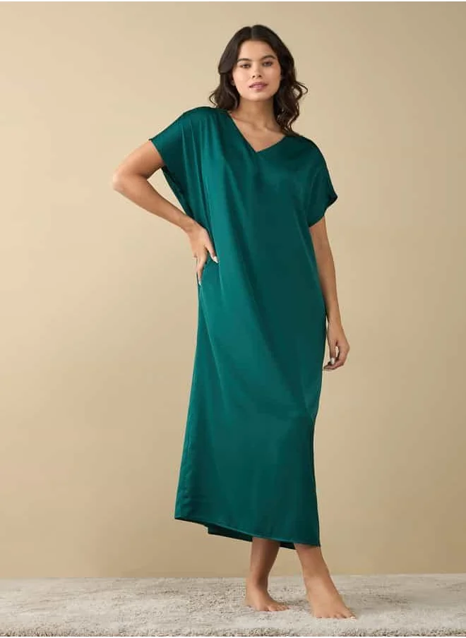 FAV V-neck Satin Night Gown with Short Sleeves