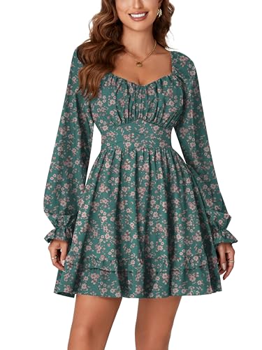 KIFOVEN Women's Print Lantern Long Sleeve Smocked Wrap Tiered Ruffle Flowy A Line Short Mini Dress Green Flower Medium - Image 2