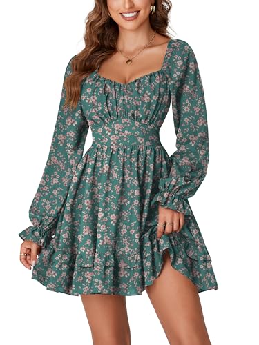KIFOVEN Women's Print Lantern Long Sleeve Smocked Wrap Tiered Ruffle Flowy A Line Short Mini Dress Green Flower Medium - Image 1