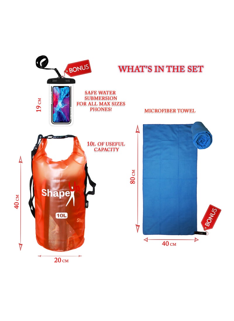 SHAPE UP - Waterproof Marine Dry Bag Backpack PVC 500 Tarpaulin 10L with Shoulder Strap Roll Top Floating Dry Sack Boating Swimming with Towel and Phone Case - Image 1