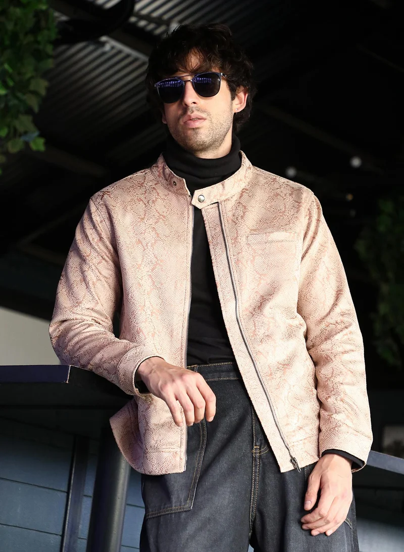 Campus Sutra Men Reptilia-Jacquard Rider Jacket | Band Collar, Long Button Cuff Sleeves | Zipper , Straight Hem | Abstract Jacquard | Woven Fabric For Casual & Daily Wear | Mousse Brown