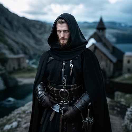 L'VOW Medieval Black Cloak with Hood Renaissance Hooded Cape - Women Men Halloween Assassin Creed Ninjia Cosplay Costume - Image 3