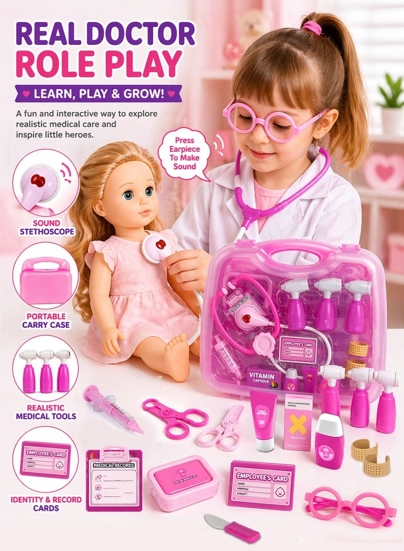 Jr. Doctor Kit! 19 PCS Kids Doctor Medical Play Set with Carry Case Stethoscope Sound Feature Syringe Inspection Tools Scissors Glasses Medicine Bottle Ointment Tube Bandage Accessories Role Play Educational Toy for Boys Girls 3+ Portable Doctor Kit Pretend Play Clinic Set - Image 3