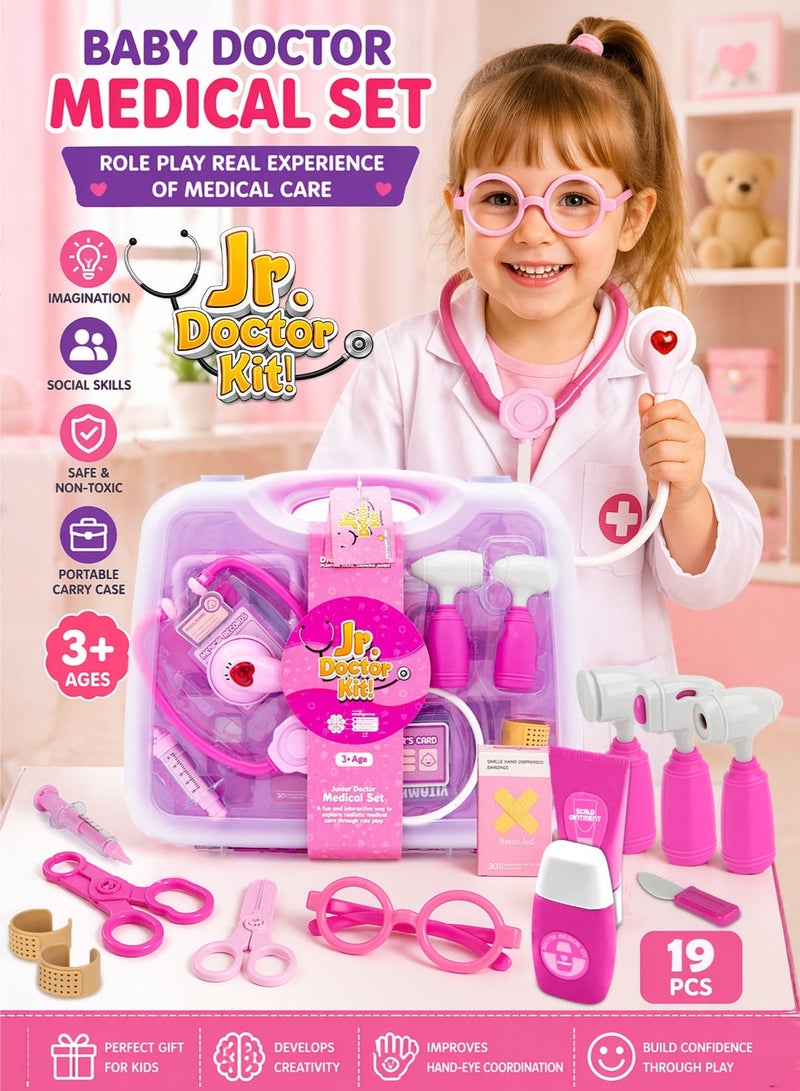 Jr. Doctor Kit! 19 PCS Kids Doctor Medical Play Set with Carry Case Stethoscope Sound Feature Syringe Inspection Tools Scissors Glasses Medicine Bottle Ointment Tube Bandage Accessories Role Play Educational Toy for Boys Girls 3+ Portable Doctor Kit Pretend Play Clinic Set - Image 1