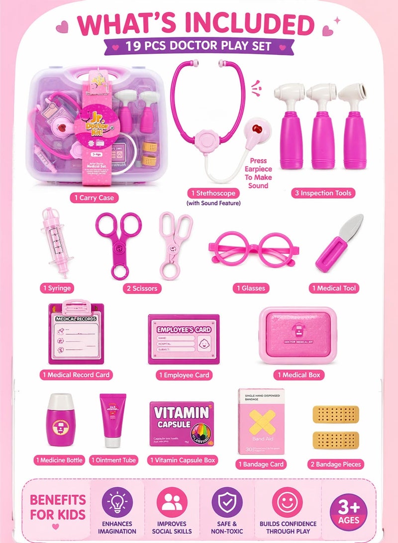 Jr. Doctor Kit! 19 PCS Kids Doctor Medical Play Set with Carry Case Stethoscope Sound Feature Syringe Inspection Tools Scissors Glasses Medicine Bottle Ointment Tube Bandage Accessories Role Play Educational Toy for Boys Girls 3+ Portable Doctor Kit Pretend Play Clinic Set - Image 2