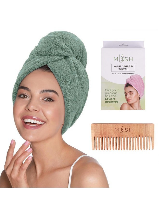 Mush - Bamboo Hair Towel Wrap | Absorbent Towel Hair-Drying | Hair Care Combo | Super Quick-Drying| Adjustable Buttons To Wrap Around Hair 500 Gsm (Olive Green) - Image 1