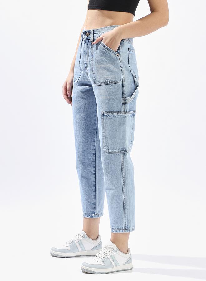 HIGH STAR Women Mom Fit Carpenter Utlity Cargo High-Rise Light Fade Cotton Crop Jeans - Image 3