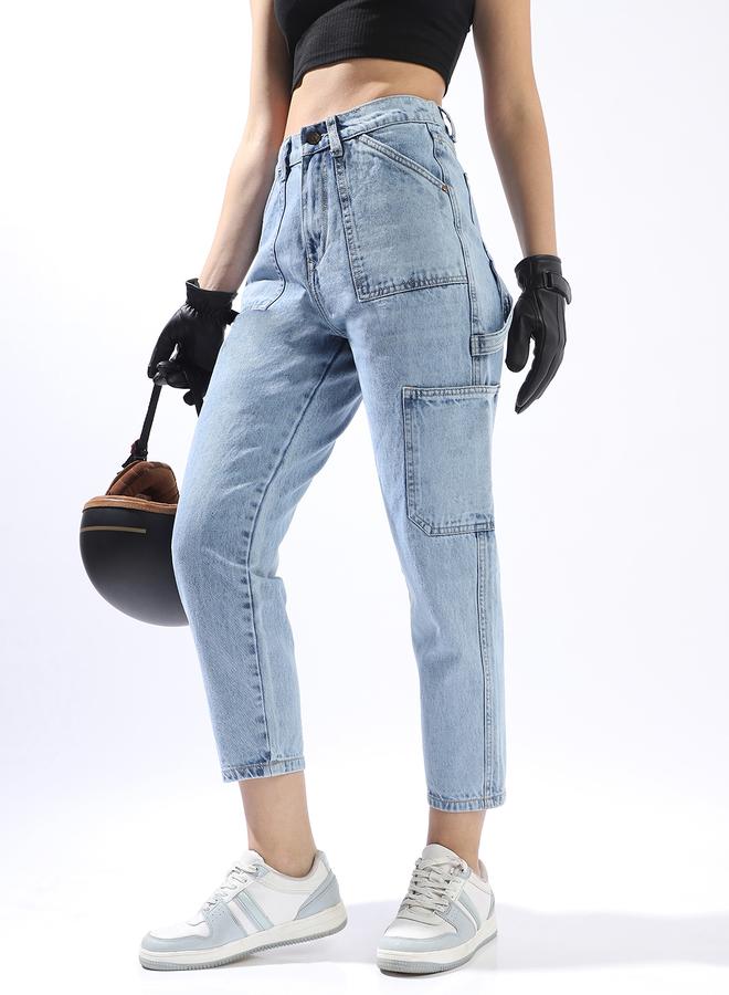 HIGH STAR Women Mom Fit Carpenter Utlity Cargo High-Rise Light Fade Cotton Crop Jeans - Image 2