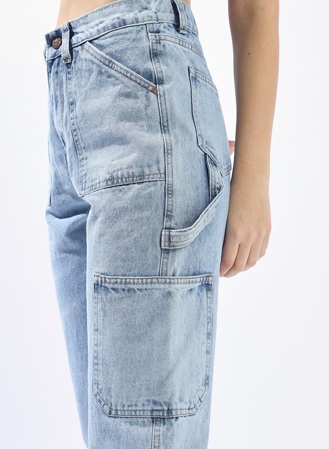 HIGH STAR Women Mom Fit Carpenter Utlity Cargo High-Rise Light Fade Cotton Crop Jeans - Image 5