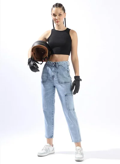 HIGH STAR Women Mom Fit Carpenter Utlity Cargo High-Rise Light Fade Cotton Crop Jeans