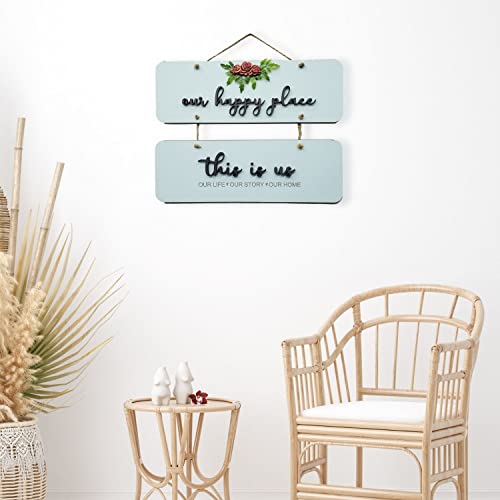 Chalk My Theme Our Happy Place Wooden Wall Hanging Hanger For Living Room, Bedroom, Gift, and Entrance-Blue - Image 2