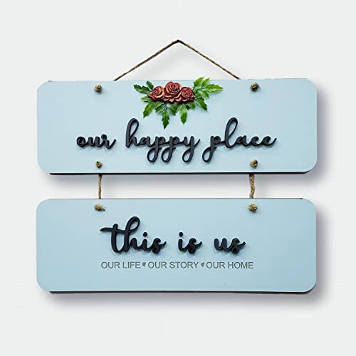 Chalk My Theme Our Happy Place Wooden Wall Hanging Hanger For Living Room, Bedroom, Gift, and Entrance-Blue - Image 1