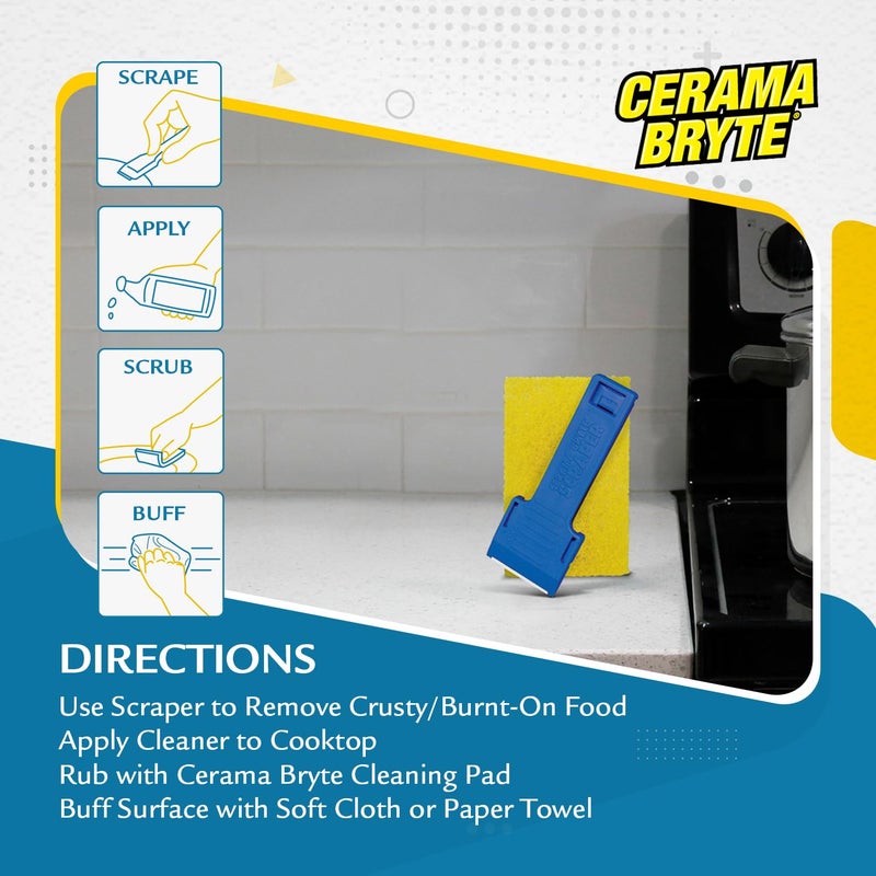 Cerama Bryte 1 x Scraper & 1 x Pad Kit Cooktop and Stove Top Cleaner for Glass - Ceramic Surfaces, 2 Piece Set - Image 4
