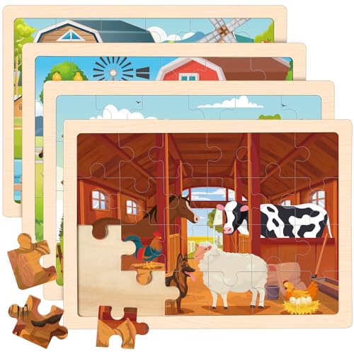 Duchong 4in1 Farm Wooden Puzzles for Kids Ages 46 24 PCS Wooden Jigsaw Puzzles for Toddlers Ages 35 Preschool Educational Puzzles Boards Toys Gifts for 3 4 5 6 Boys Girls - Image 1