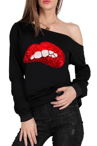MAGICMK Woman’s Sweatershirt Lips Print Causal Blouse Off The Shoulder Long Sleeve Loose Slouchy Pullover Plus Size Tops…(S) - Image 4