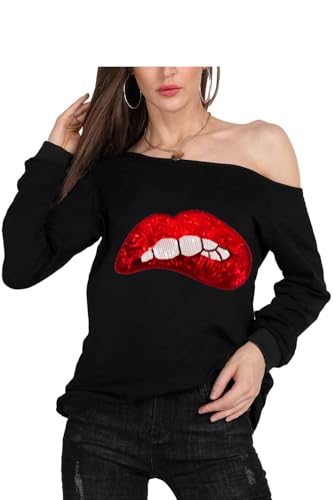 MAGICMK Woman’s Sweatershirt Lips Print Causal Blouse Off The Shoulder Long Sleeve Loose Slouchy Pullover Plus Size Tops…(S) - Image 3